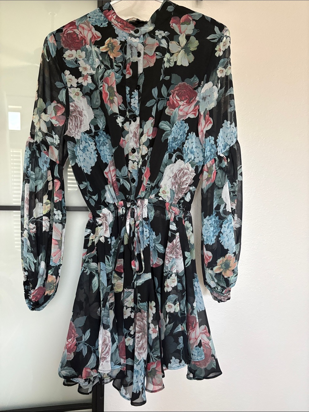 Olivaceous Black Floral Long Sleeve Tie-Waist Mini Dress